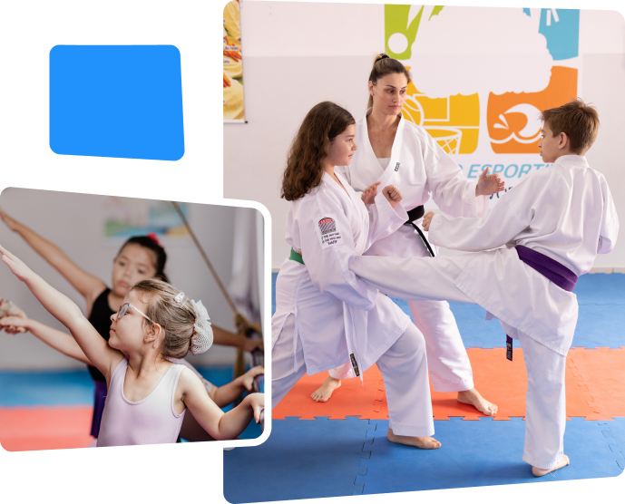 Alunos praticando karatê e dança no Centro Esportivo